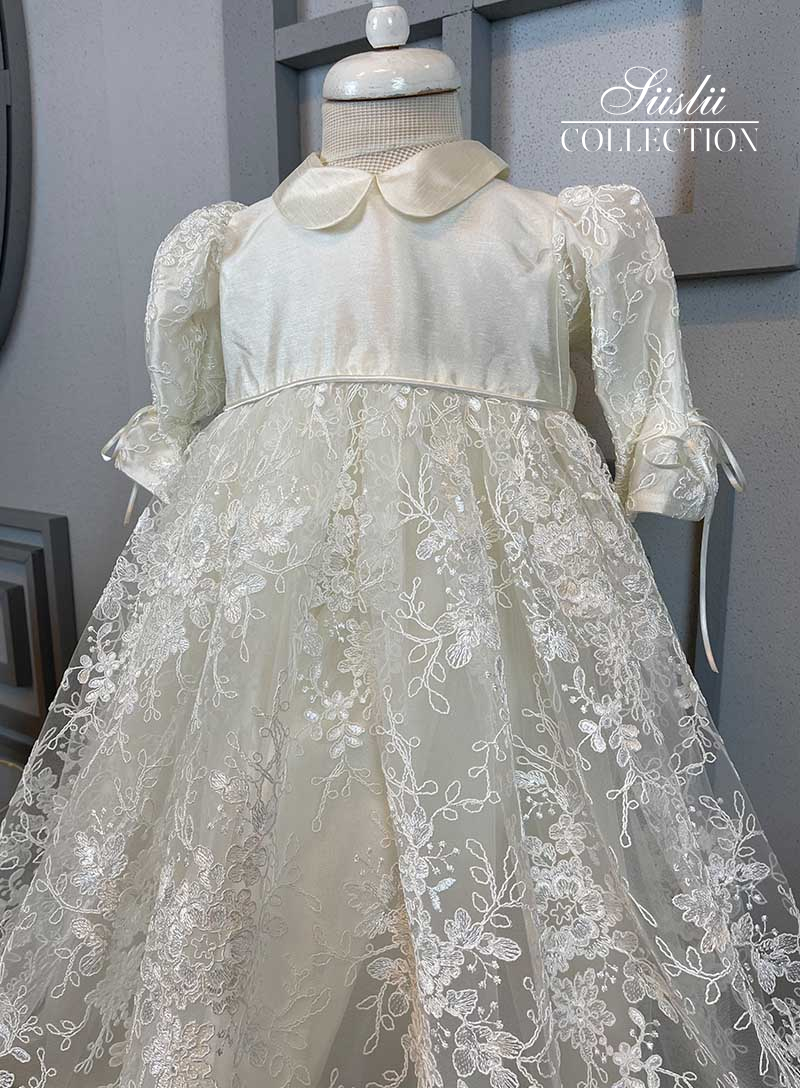 girls baptism dress with pleated lace 002