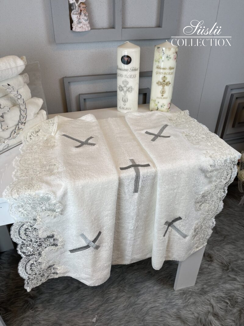 silver embroidered lacy baptism towel 01